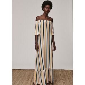 Asceno Dress Silk Crepe de Chine Off Shoulder Multicolor Striped‎ Midi Dress S